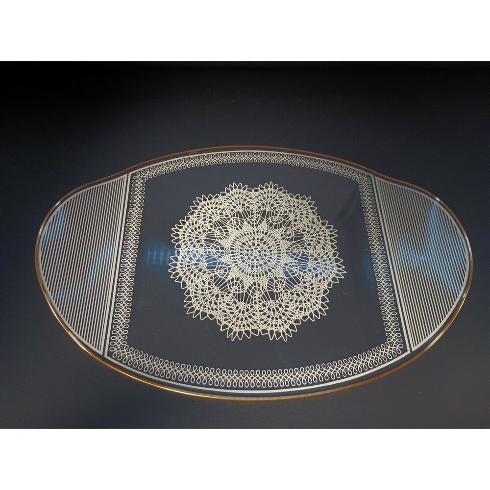 Vintage Glass Vanity Tray Oval White Doily Gold Rim